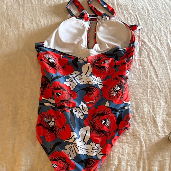 Floral Red and Blue One Piece Swimsuit - Picture 3 of 3